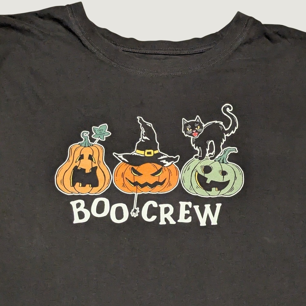 Life is Good Boo Crew Shirt Mens XXL Black Long Sleeve Halloween Pumpkin Cat Tee